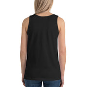 A women wearing a black tank top showing the back of tank top.