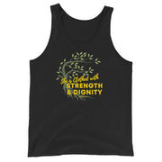 Black tank top with image of tree branched over the scripture "She is clothed with strength and dignity" Proverbs 31:25.  Tree is brown with green leaves.  Lettering is yellow.
