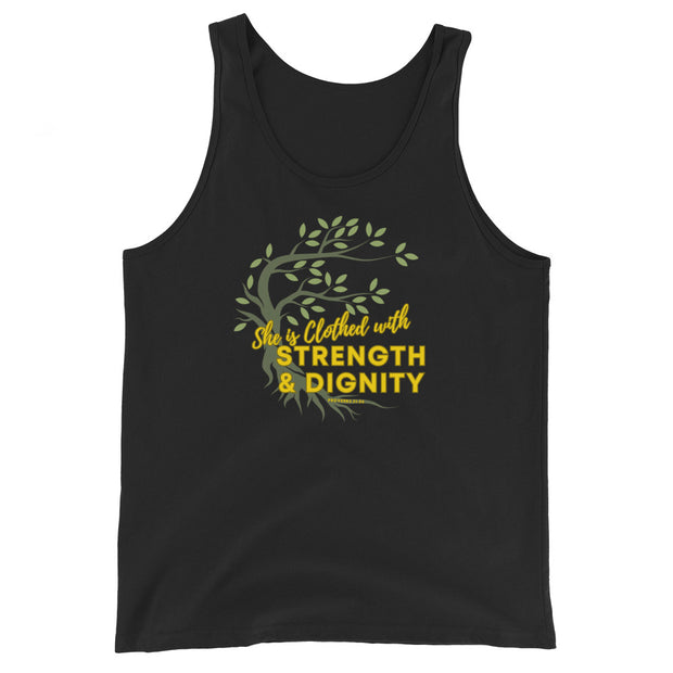 Black tank top with image of tree branched over the scripture "She is clothed with strength and dignity" Proverbs 31:25.  Tree is brown with green leaves.  Lettering is yellow.