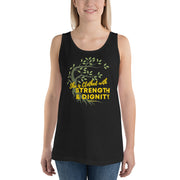 Young women wearing black tank top with image of tree branched over the scripture "She is clothed with strength and dignity" Proverbs 31:25.  Tree is brown with green leaves.  Lettering is yellow.