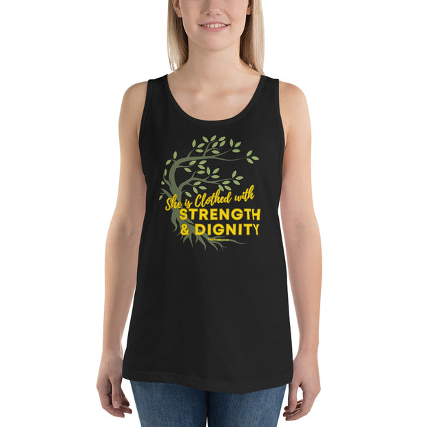Young women wearing black tank top with image of tree branched over the scripture "She is clothed with strength and dignity" Proverbs 31:25.  Tree is brown with green leaves.  Lettering is yellow.