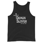 Black tank top that has a white cross then reads Demon Slayer in white text and Matthew 10:8 in grey text.