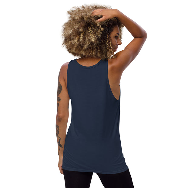 Back of the navy tank top that shows length of arm opening of tank top.