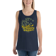 Young women wearing navy blue tank top with image of tree branched over the scripture "She is clothed with strength and dignity" Proverbs 31:25.  Tree is brown with green leaves.  Lettering is yellow.