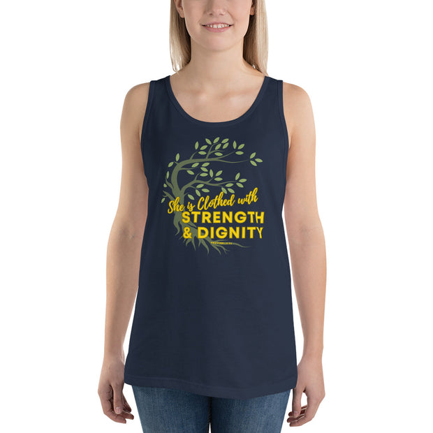 Young women wearing navy blue tank top with image of tree branched over the scripture "She is clothed with strength and dignity" Proverbs 31:25.  Tree is brown with green leaves.  Lettering is yellow.