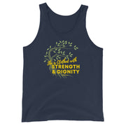 Navy blue tank top with image of tree branched over the scripture "She is clothed with strength and dignity" Proverbs 31:25.  Tree is brown with green leaves.  Lettering is yellow.