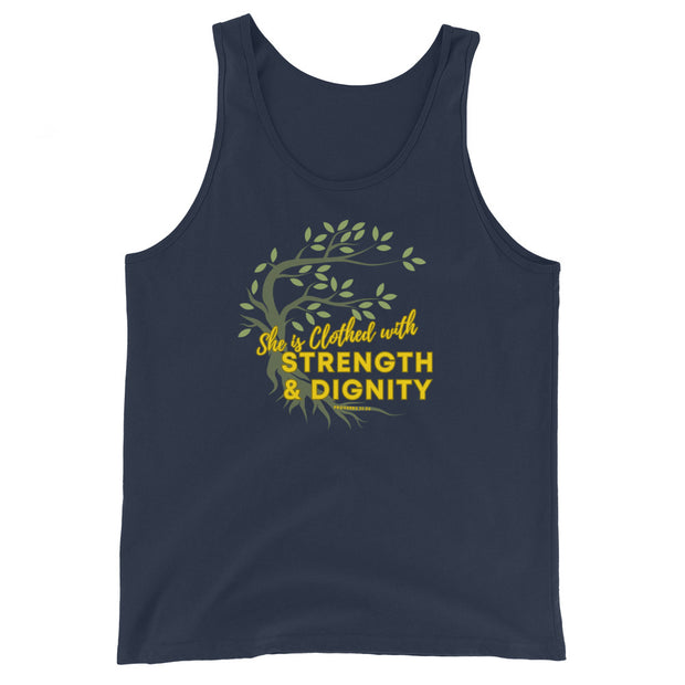 Navy blue tank top with image of tree branched over the scripture "She is clothed with strength and dignity" Proverbs 31:25.  Tree is brown with green leaves.  Lettering is yellow.