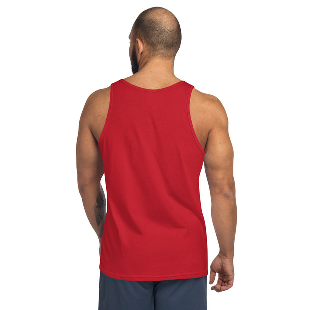 A man wearing a red tank top showing the back of tank top.