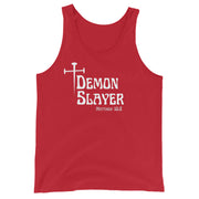 Red tank top that has a white cross then reads Demon Slayer in white text and Matthew 10:8 in grey text.