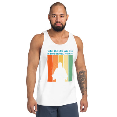 Man wearing white tank top that has a retro image with a Jesus silhouette and John 8:36 scripture that reads, "Who the Son sets free is free indeed".