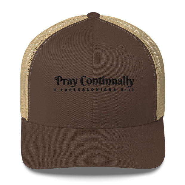 Brown Khaki Retro Trucker Cap with black embroidered phrase "Pray Continually" 1 Thessalonians 5:17