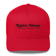 Red Retro Trucker Cap with black embroidered phrase "Rejoice Always" 1 Thessalonians 5:16