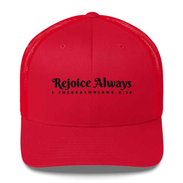Red Retro Trucker Cap with black embroidered phrase "Rejoice Always" 1 Thessalonians 5:16