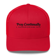 Red Retro Trucker Cap with black embroidered phrase "Pray Continually" 1 Thessalonians 5:17