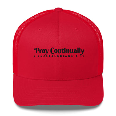 Red Retro Trucker Cap with black embroidered phrase "Pray Continually" 1 Thessalonians 5:17
