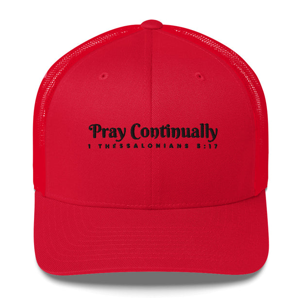 Red Retro Trucker Cap with black embroidered phrase "Pray Continually" 1 Thessalonians 5:17