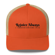 Orange Khaki Retro Trucker Cap with black embroidered phrase "Rejoice Always" 1 Thessalonians 5:16