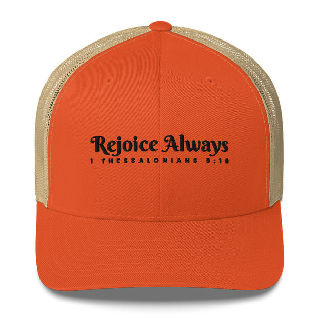 Orange Khaki Retro Trucker Cap with black embroidered phrase "Rejoice Always" 1 Thessalonians 5:16