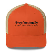 Orange Khaki Retro Trucker Cap with black embroidered phrase "Pray Continually" 1 Thessalonians 5:17