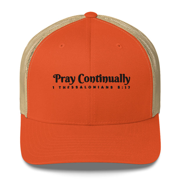 Orange Khaki Retro Trucker Cap with black embroidered phrase "Pray Continually" 1 Thessalonians 5:17