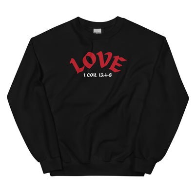 Front of black sweater with the word LOVE and 1 Cor. 13:4-8