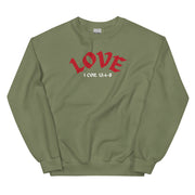 Front of military green colored sweater with the word LOVE and 1 Cor. 13:4-8