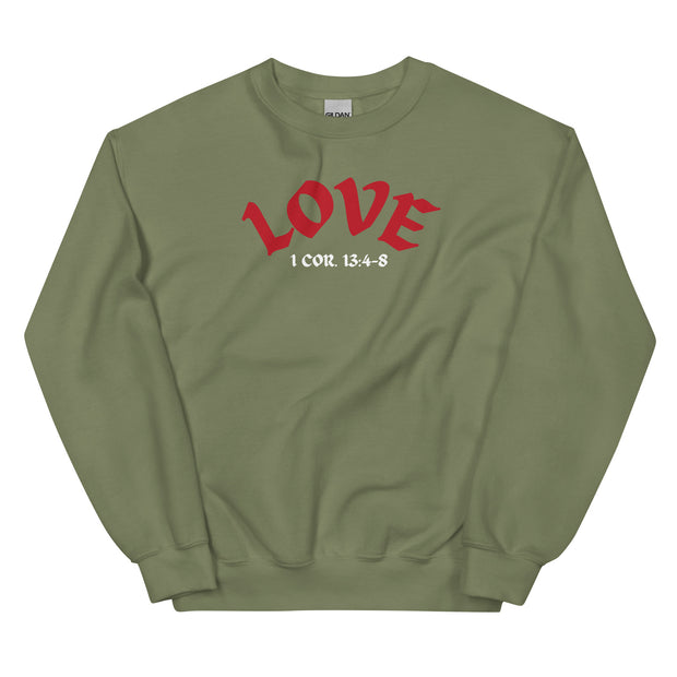 Front of military green colored sweater with the word LOVE and 1 Cor. 13:4-8