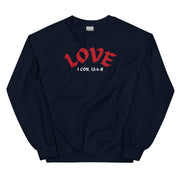 Front of navy sweater with the word LOVE and 1 Cor. 13:4-8