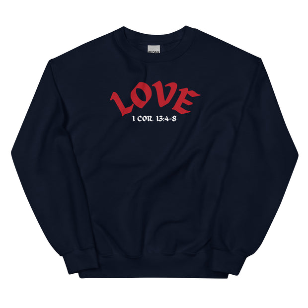 Front of navy sweater with the word LOVE and 1 Cor. 13:4-8