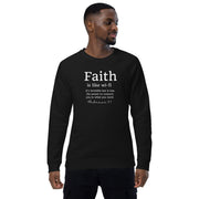 Man wearing a black sweater that reads "Faith is like wi-fi it's invisible but it has the power to connect you to what you need. Hebrews 11:1"