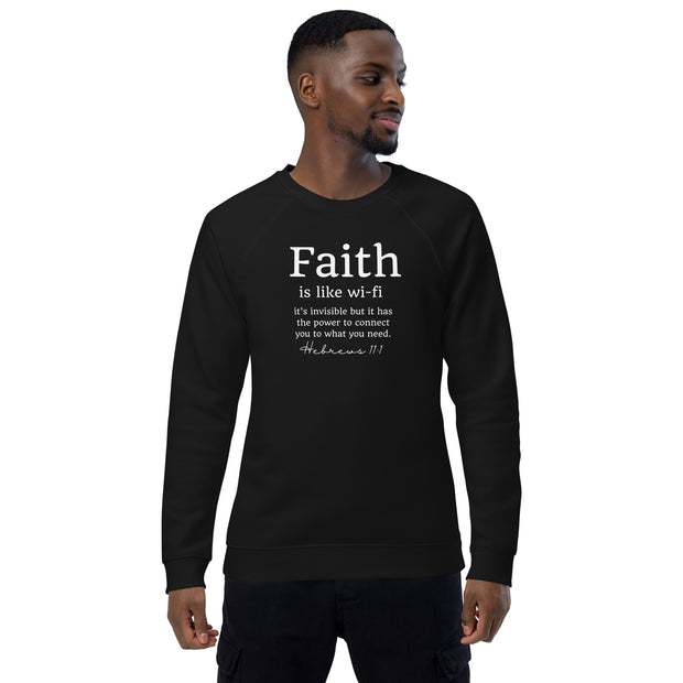 Man wearing a black sweater that reads "Faith is like wi-fi it's invisible but it has the power to connect you to what you need. Hebrews 11:1"