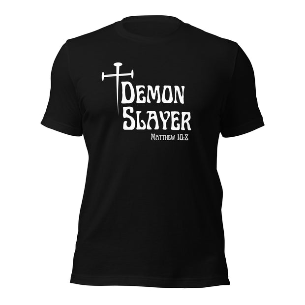 Black t-shirt that has a white cross then reads Demon Slayer in white text and Matthew 10:8 in grey text.