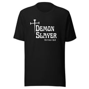 Black t-shirt that has a white cross then reads Demon Slayer in white text and Matthew 10:8 in grey text.