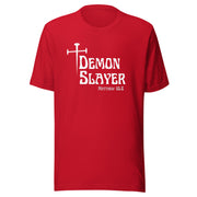 Red t-shirt that has a white cross then reads Demon Slayer in white text and Matthew 10:8 in grey text.