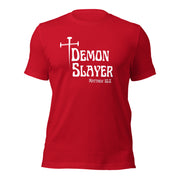 Red t-shirt that has a white cross then reads Demon Slayer in white text and Matthew 10:8 in grey text.