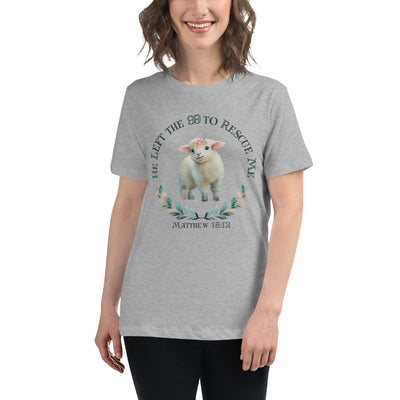 A women wearing a light grey t-shirt that reads "He left the 99 to rescue me, Matthew 18:12.  There's a lamb in the center of the shirt.