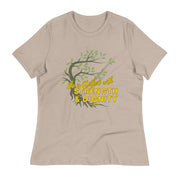 Cream t-shirt with image of tree branched over the scripture "She is clothed with strength and dignity" Proverbs 31:25. Tree is dark olive with green leaves. Lettering is yellow.