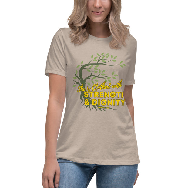 Young women wearing cream t-shirt with image of tree branched over the scripture "She is clothed with strength and dignity" Proverbs 31:25.  Tree is dark olive with green leaves.  Lettering is yellow.