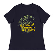Navy t-shirt with image of tree branched over the scripture "She is clothed with strength and dignity" Proverbs 31:25. Tree is dark olive with green leaves. Lettering is yellow.