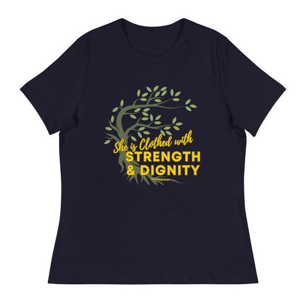 Navy t-shirt with image of tree branched over the scripture "She is clothed with strength and dignity" Proverbs 31:25. Tree is dark olive with green leaves. Lettering is yellow.