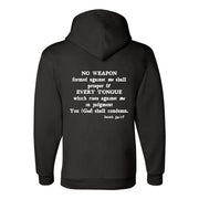 Black hoodie with scripture Isaiah 54:17 on back