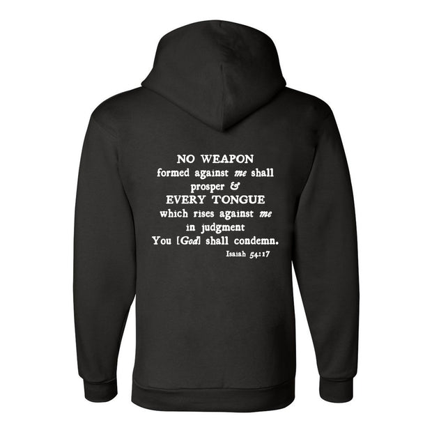 Black hoodie with scripture Isaiah 54:17 on back