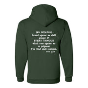 Hunter green hoodie with scripture Isaiah 54:17 on back
