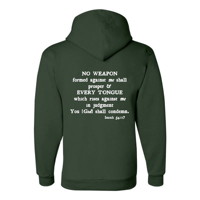 Hunter green hoodie with scripture Isaiah 54:17 on back