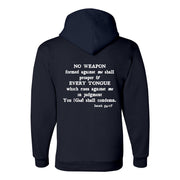 Navy hoodie with scripture Isaiah 54:17 on back