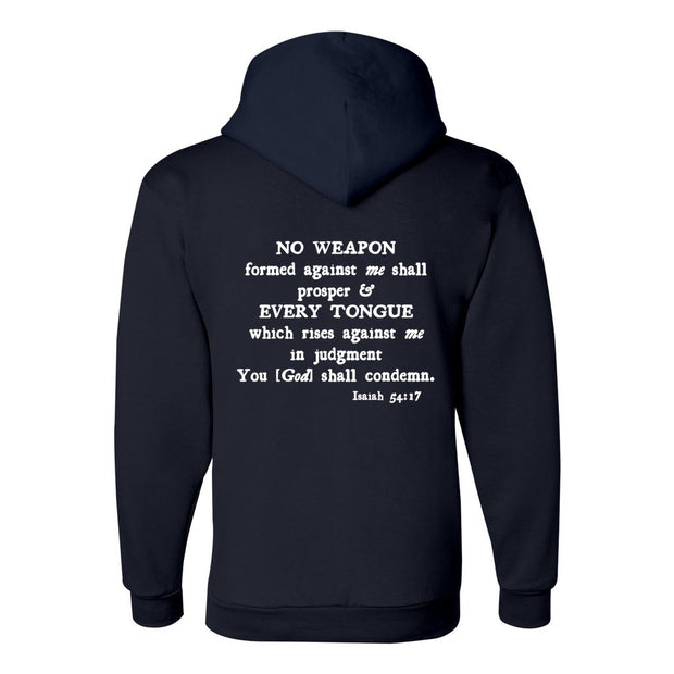 Navy hoodie with scripture Isaiah 54:17 on back