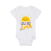 White baby onesie that has a yellow sun smiling and phrase that reads "I am a gift from the Lord", Psalm 127:3.
