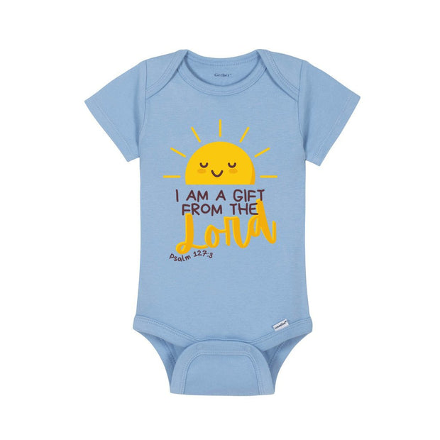 Sky blue baby onesie that has a yellow sun smiling and phrase that reads "I am a gift from the Lord", Psalm 127:3.