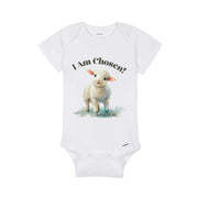 White baby onesie that reads I Am Chosen with a lamb and scripture John 15:16