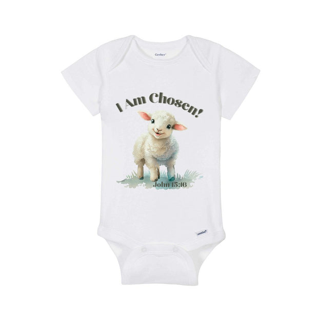 White baby onesie that reads I Am Chosen with a lamb and scripture John 15:16